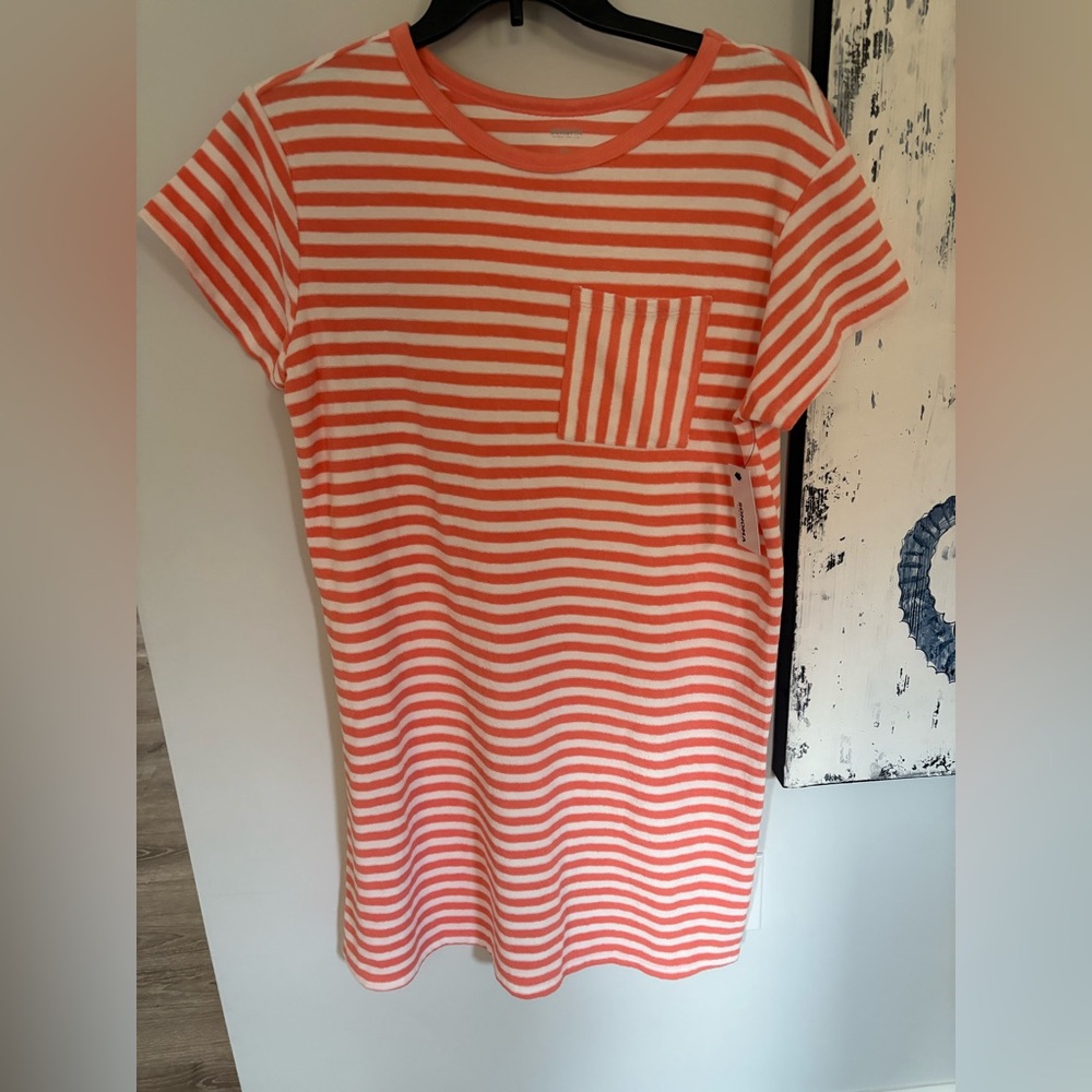 NWT Towel Terry Crewneck Mini Dress. Front pocket. Size 0X. Coral/white stripes.